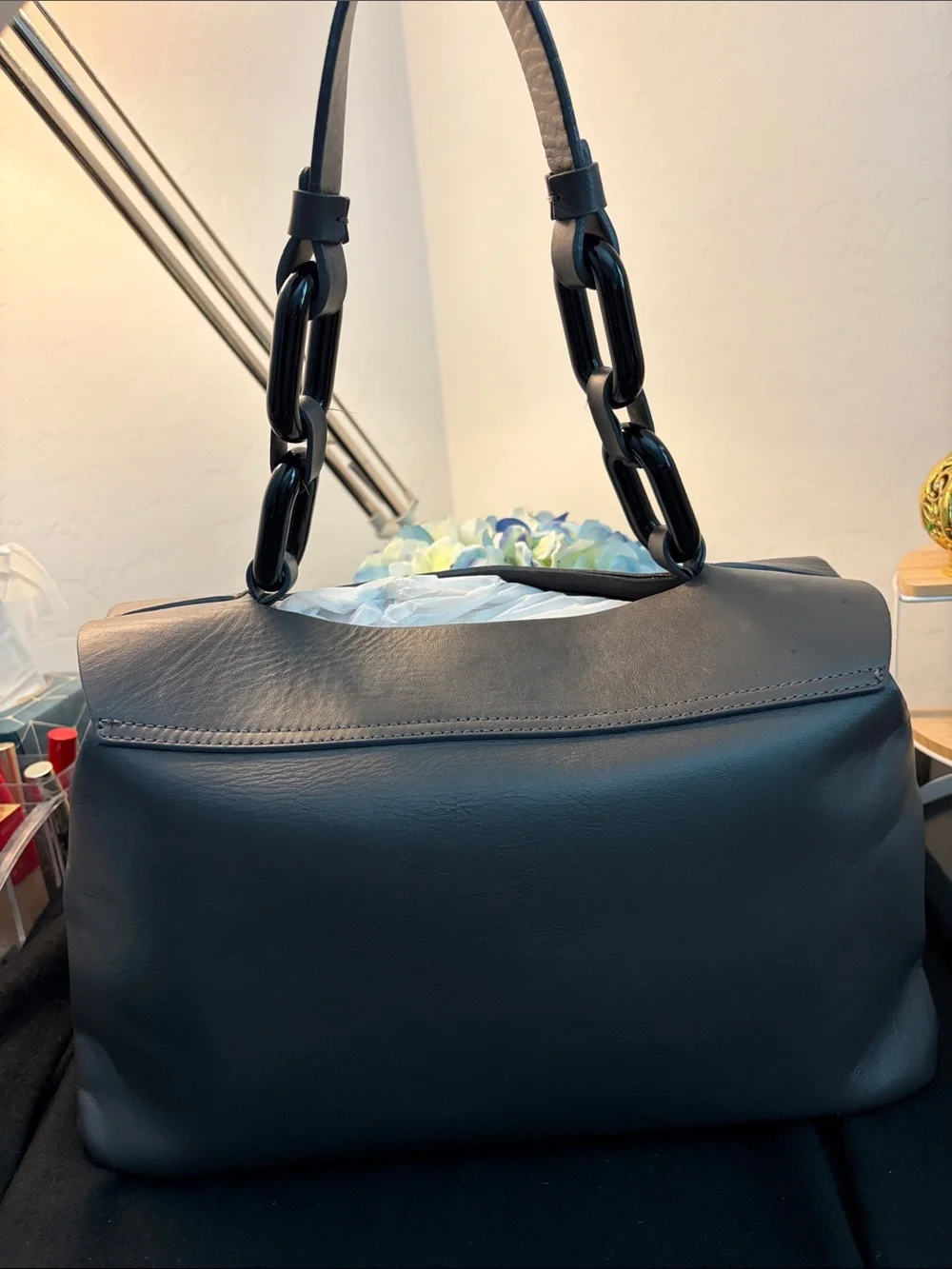 Structured Black Leather Satchel bag with Chunky Chain Strap